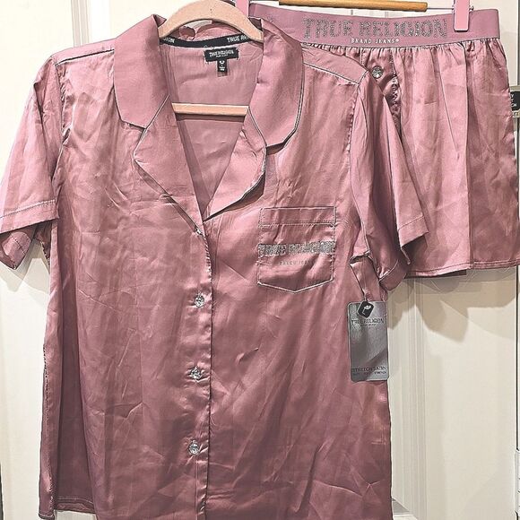 True Religion Rhinestone Logo Stretch Satin Pajama Set - Picture 7 of 10